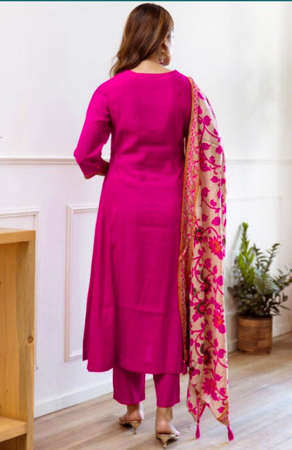 Elegant Pink Viscose Chanderi Embroidered Top with Bottom and Printed Chanderi Dupatta