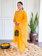 Women's Yellow Chanderi Silk Embroidery Kurta Set with Lace-Edged Teby Nylon Dupatta