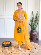 Women's Yellow Chanderi Silk Embroidery Kurta Set with Lace-Edged Teby Nylon Dupatta