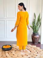 Women's Yellow Chanderi Silk Embroidery Kurta Set with Lace-Edged Teby Nylon Dupatta