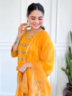 Women's Yellow Chanderi Silk Embroidery Kurta Set with Lace-Edged Teby Nylon Dupatta
