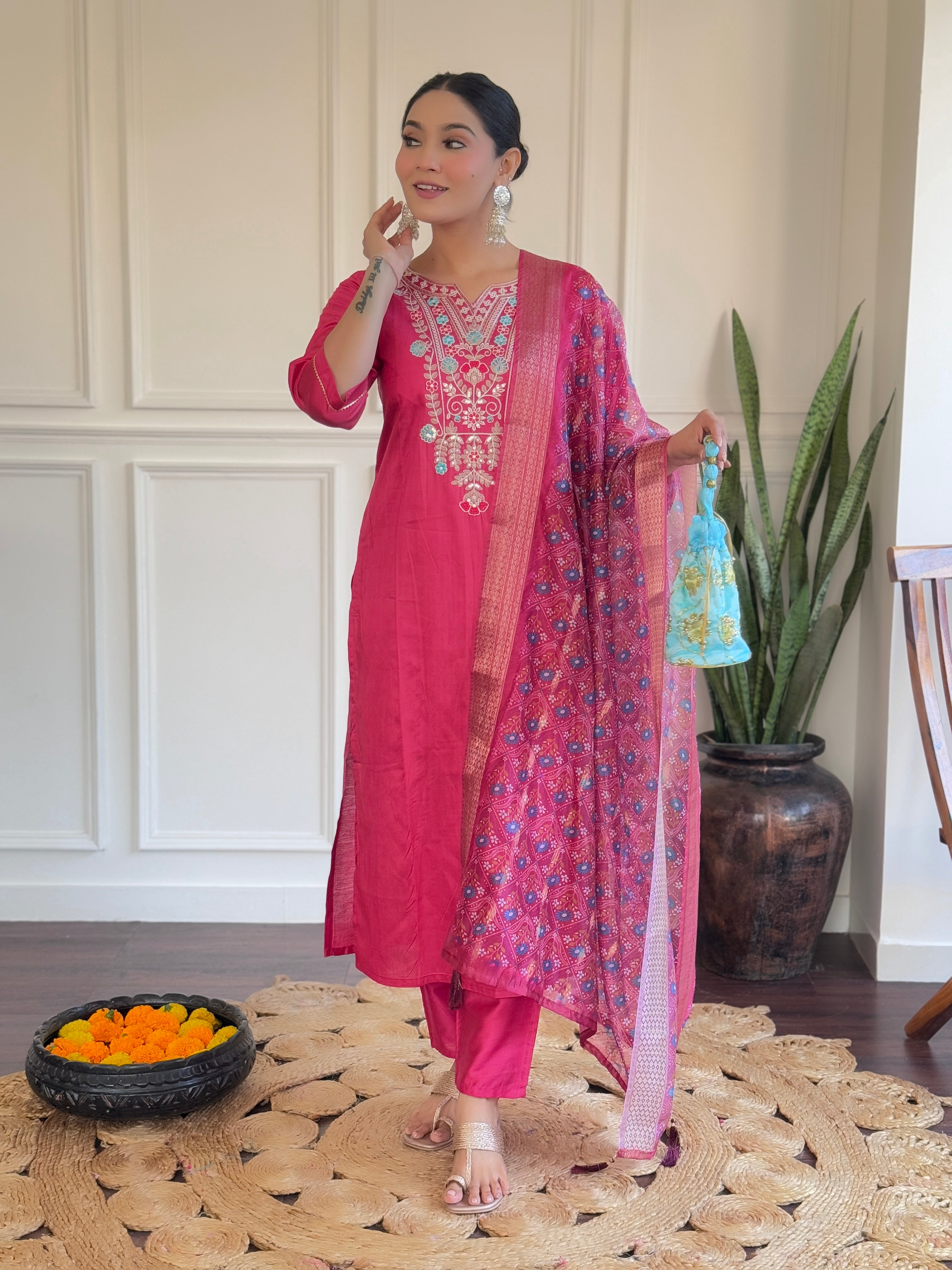 Women's Pink Chanderi Embroidery Set with Delicate Butti Organza Dupatta