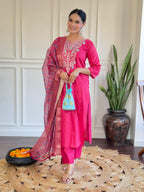 Women's Pink Chanderi Embroidery Set with Delicate Butti Organza Dupatta