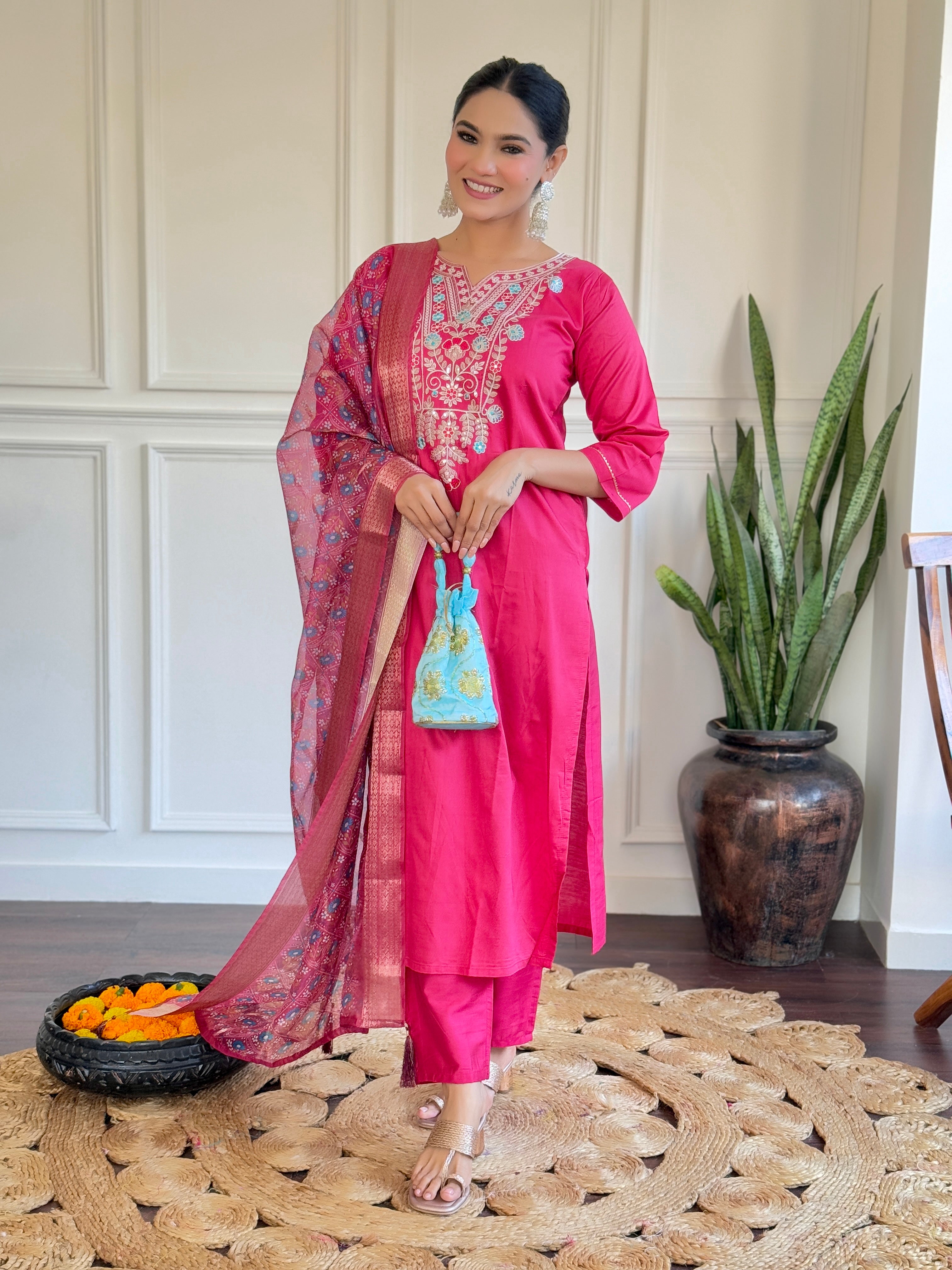Women's Pink Chanderi Embroidery Set with Delicate Butti Organza Dupatta