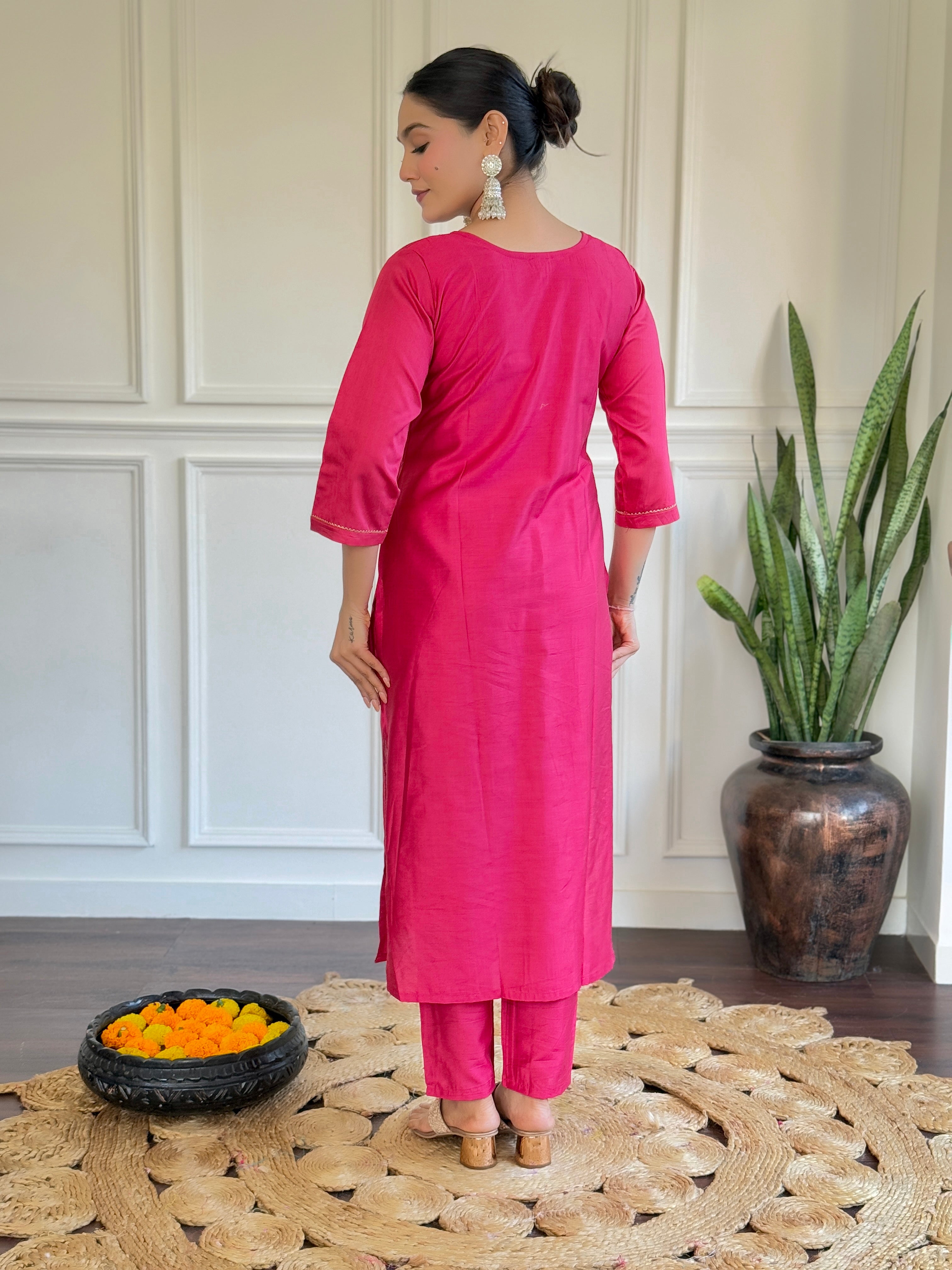 Women's Pink Chanderi Embroidery Set with Delicate Butti Organza Dupatta