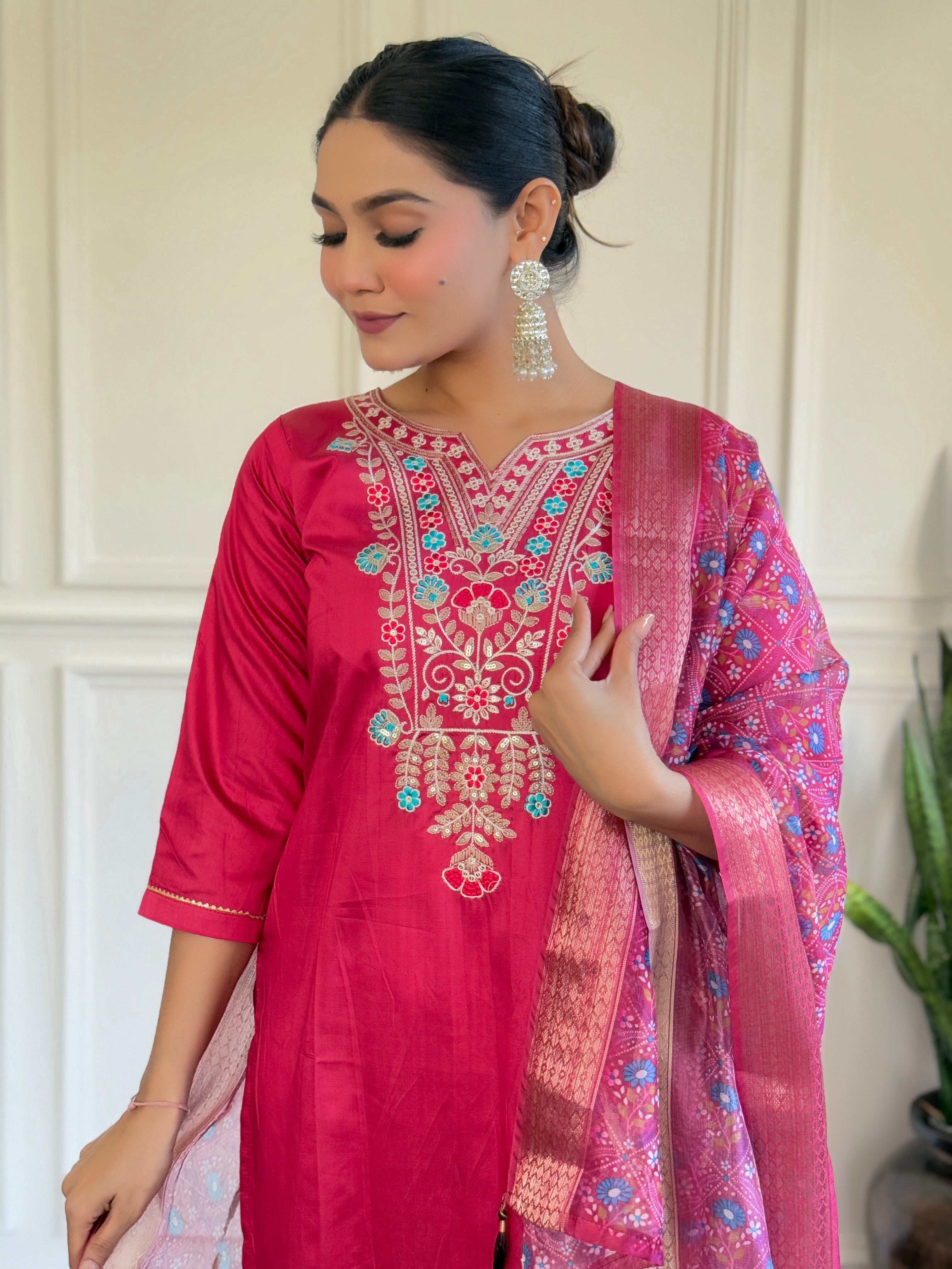 Women's Pink Chanderi Embroidery Set with Delicate Butti Organza Dupatta