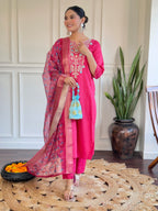Women's Pink Chanderi Embroidery Set with Delicate Butti Organza Dupatta