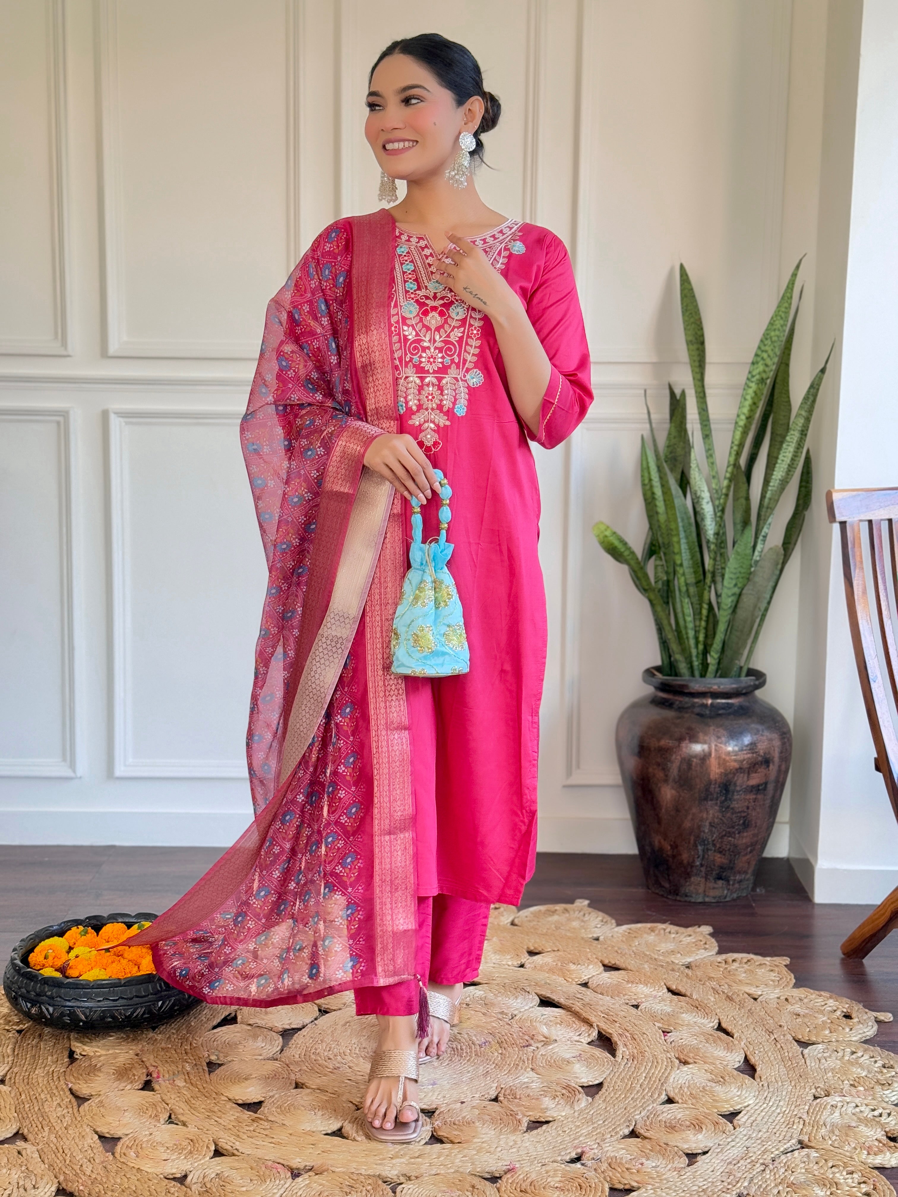 Women's Pink Chanderi Embroidery Set with Delicate Butti Organza Dupatta