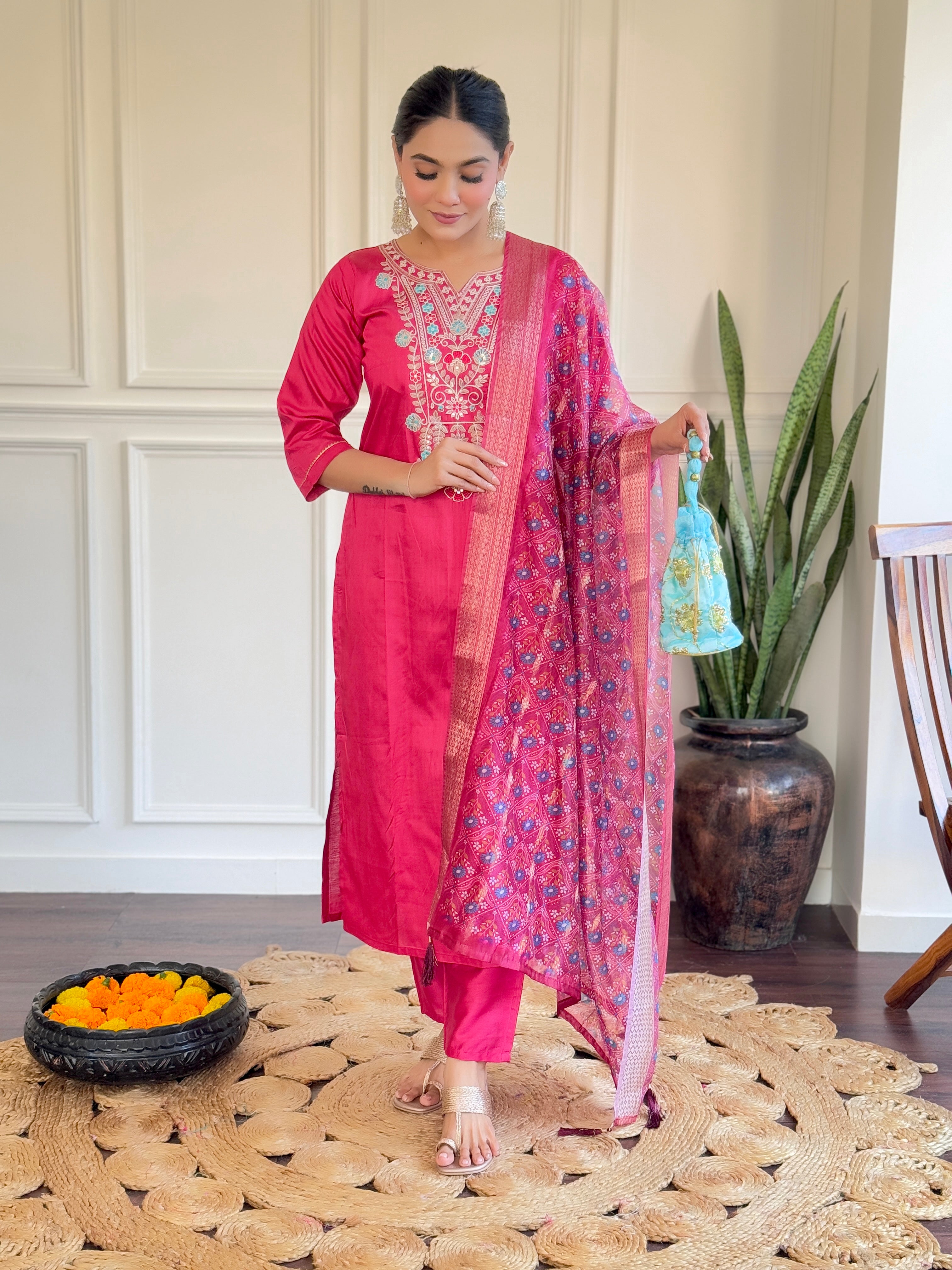 Women's Pink Chanderi Embroidery Set with Delicate Butti Organza Dupatta