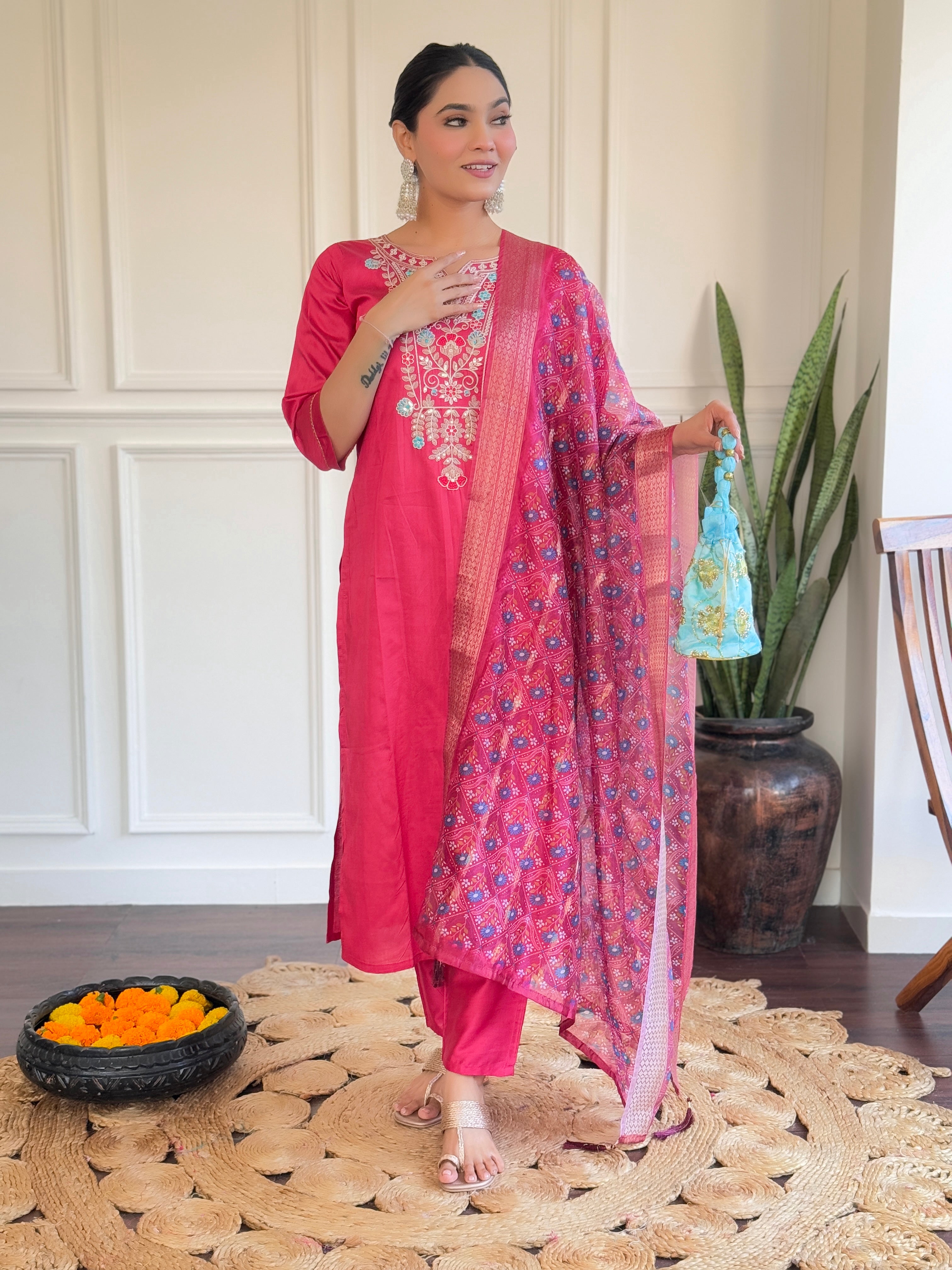 Women's Pink Chanderi Embroidery Set with Delicate Butti Organza Dupatta