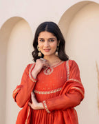 Women's Orange Viscose Silk Kurta Set with Intricate Embroidery and Silk Dupatta