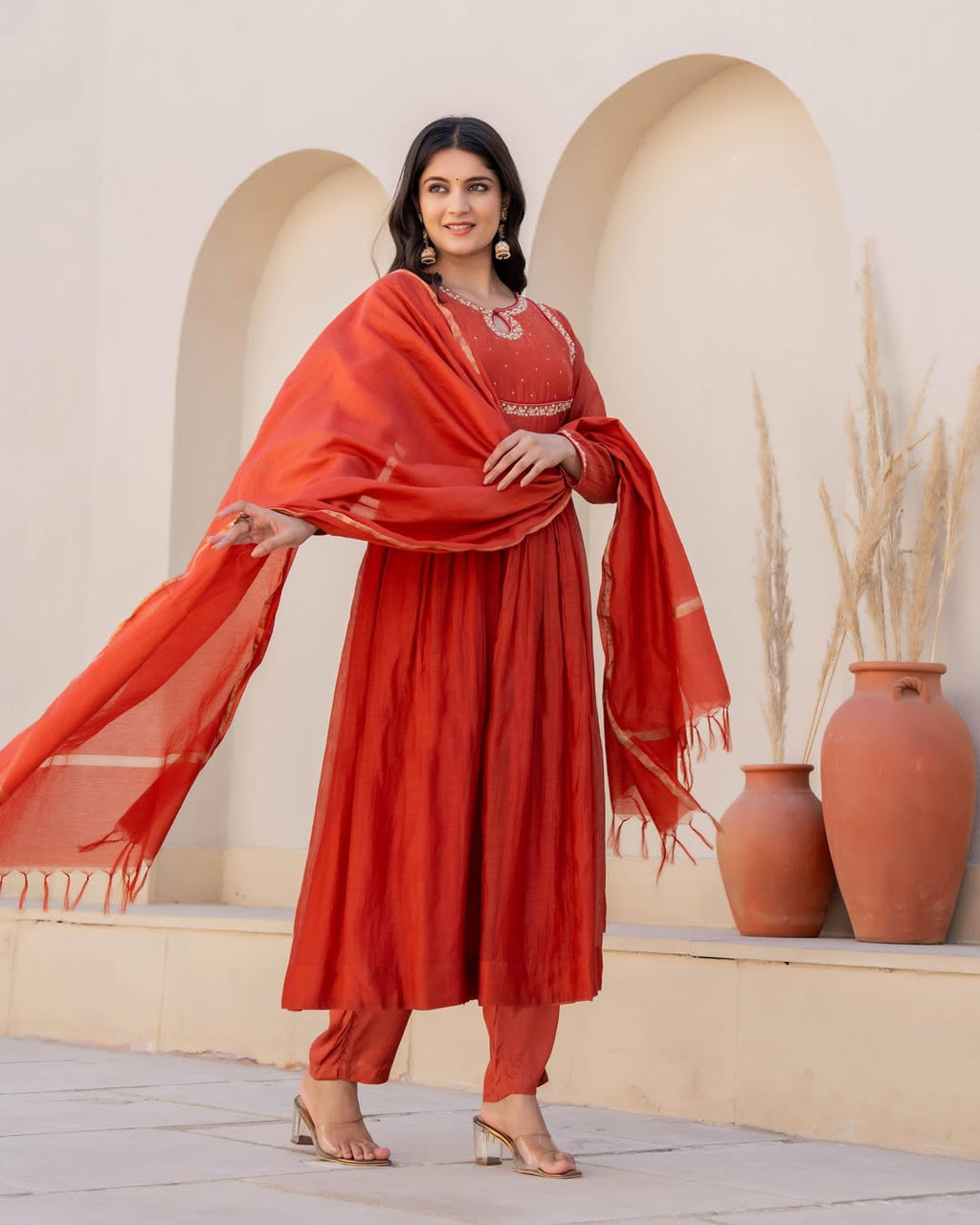 Women's Orange Viscose Silk Kurta Set with Intricate Embroidery and Silk Dupatta