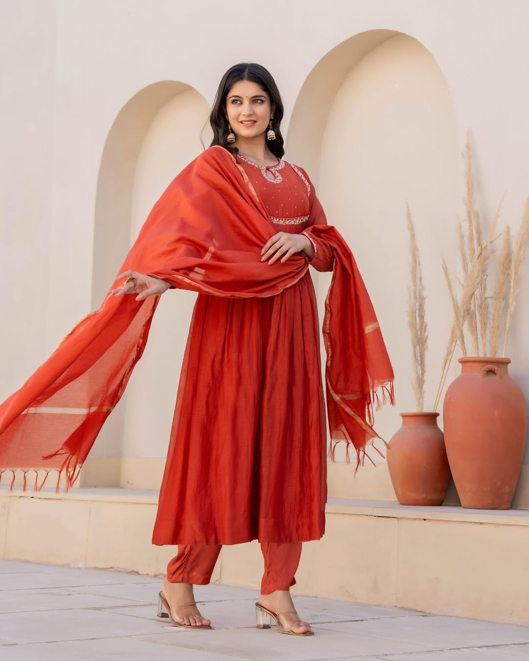 Women's Orange Viscose Silk Kurta Set with Intricate Embroidery and Silk Dupatta