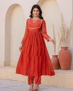 Women's Orange Viscose Silk Kurta Set with Intricate Embroidery and Silk Dupatta