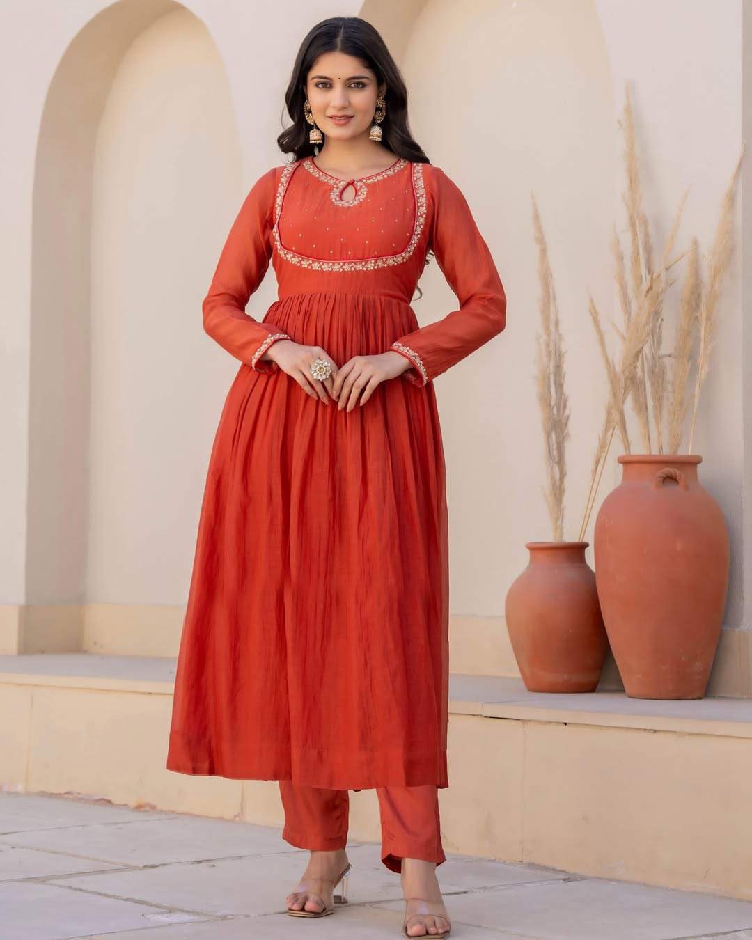 Women's Orange Viscose Silk Kurta Set with Intricate Embroidery and Silk Dupatta
