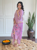 Women’s Lavender Embroidered Chanderi Kurta Set with Jacquard Butti Dupatta