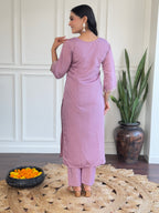 Women’s Lavender Embroidered Chanderi Kurta Set with Jacquard Butti Dupatta