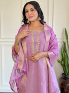 Women’s Lavender Embroidered Chanderi Kurta Set with Jacquard Butti Dupatta