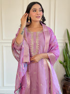 Women’s Lavender Embroidered Chanderi Kurta Set with Jacquard Butti Dupatta