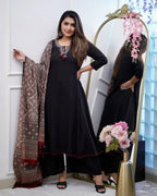 Women’s Black Viscose Embroidered Kurta Set with Printed Chanderi Dupatta
