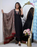 Women’s Black Viscose Embroidered Kurta Set with Printed Chanderi Dupatta