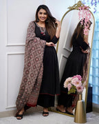 Women’s Black Viscose Embroidered Kurta Set with Printed Chanderi Dupatta