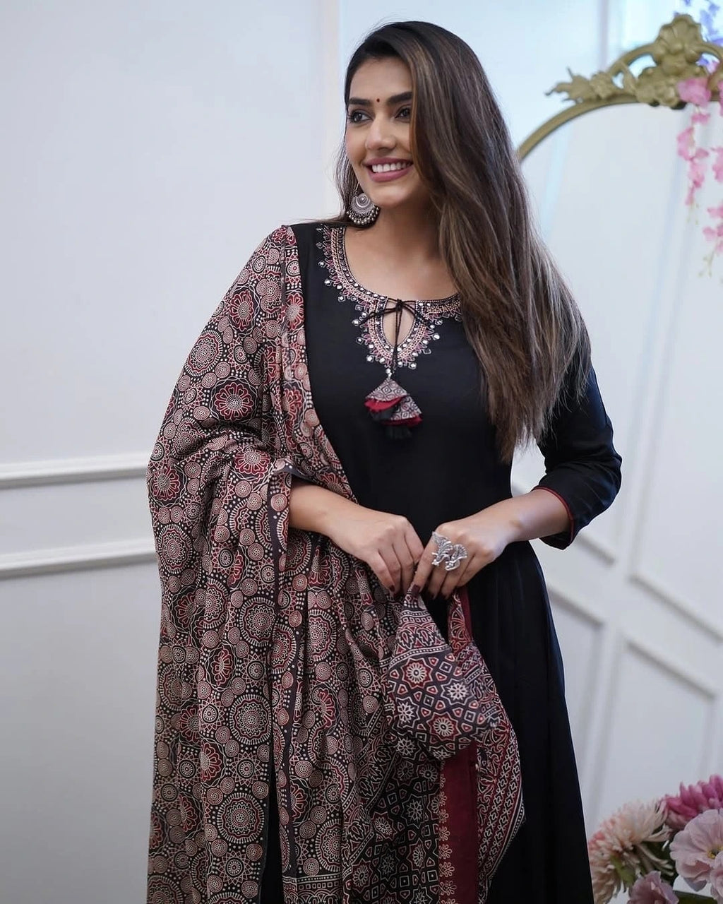 Women’s Black Viscose Embroidered Kurta Set with Printed Chanderi Dupatta