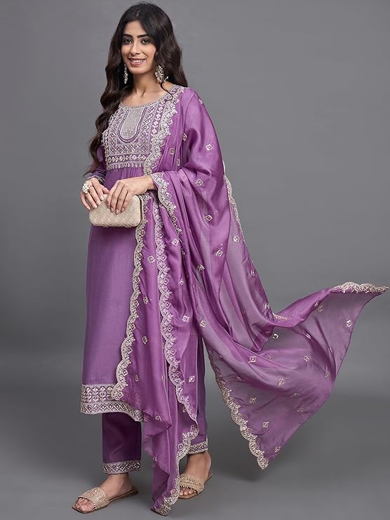 Women’s Lavender Viscose Chinon Embroidered Kurta Set with Organza Dupatta