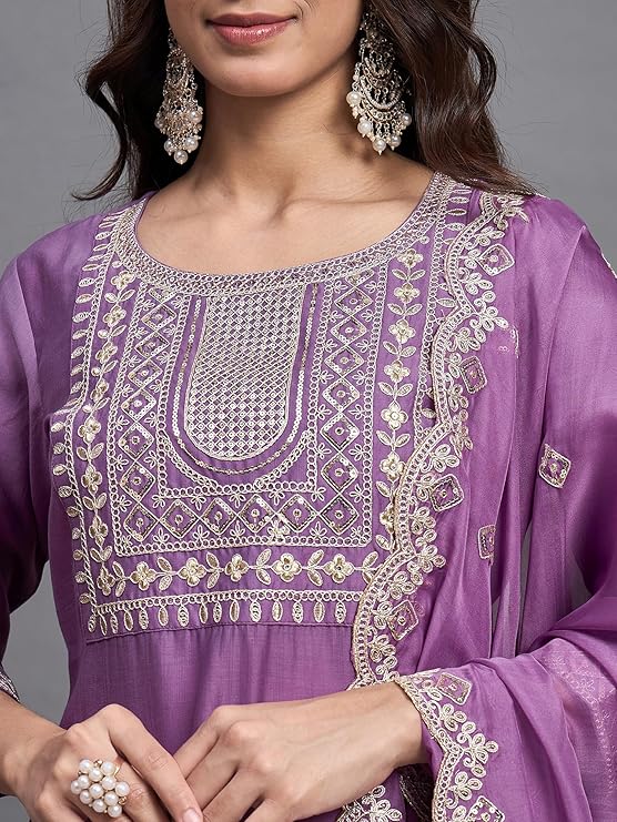 Women’s Lavender Viscose Chinon Embroidered Kurta Set with Organza Dupatta
