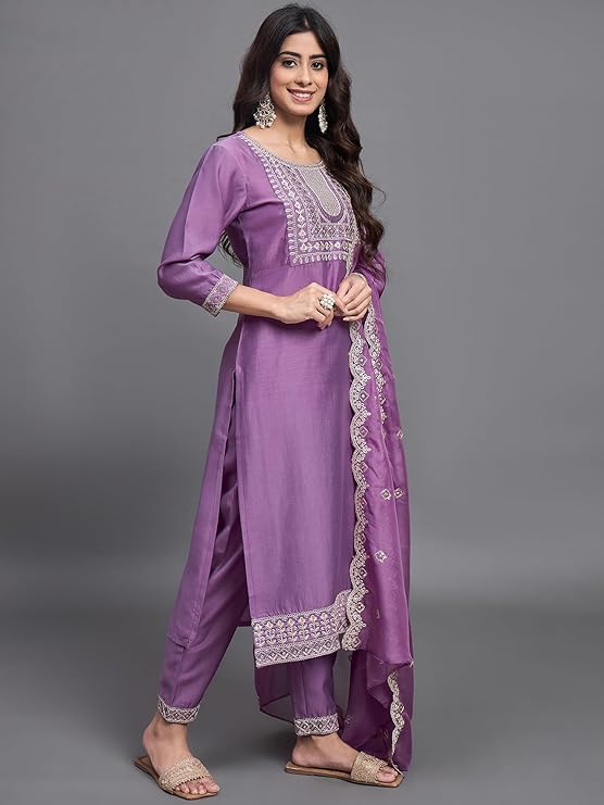 Women’s Lavender Viscose Chinon Embroidered Kurta Set with Organza Dupatta