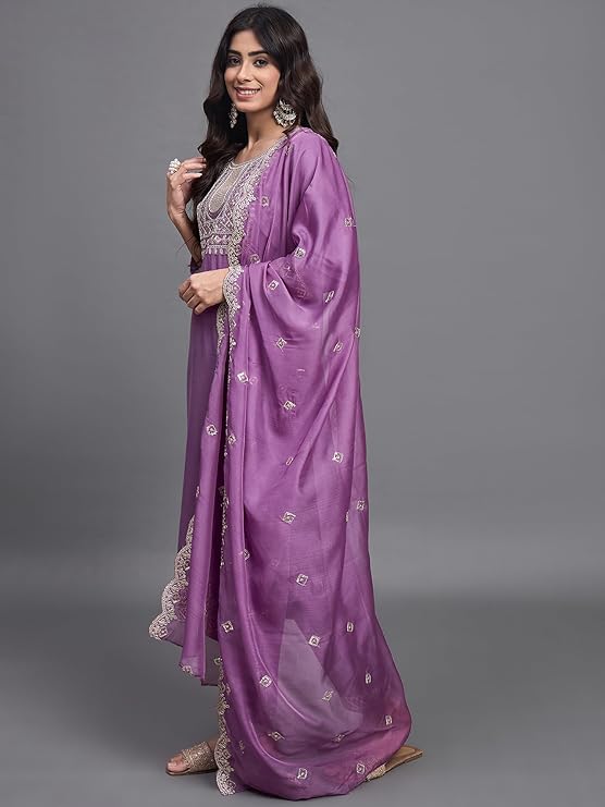 Women’s Lavender Viscose Chinon Embroidered Kurta Set with Organza Dupatta