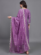 Women’s Lavender Viscose Chinon Embroidered Kurta Set with Organza Dupatta