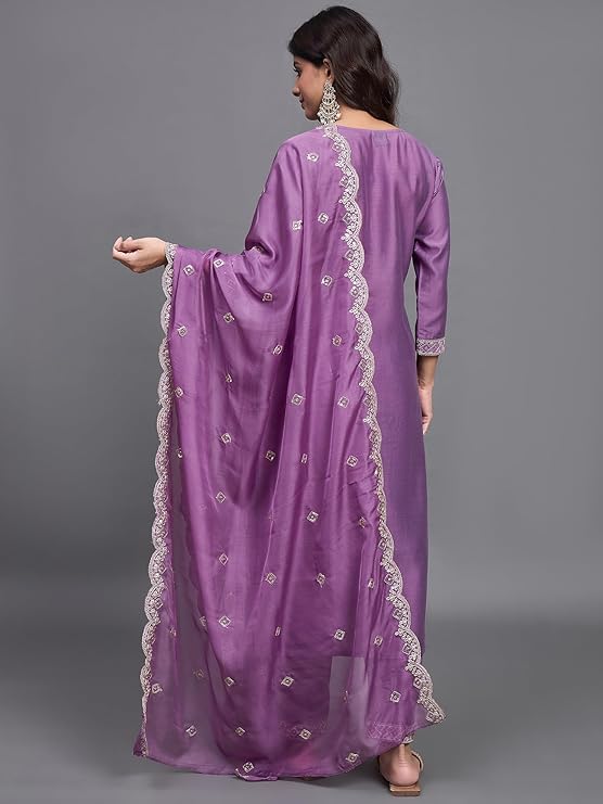 Women’s Lavender Viscose Chinon Embroidered Kurta Set with Organza Dupatta