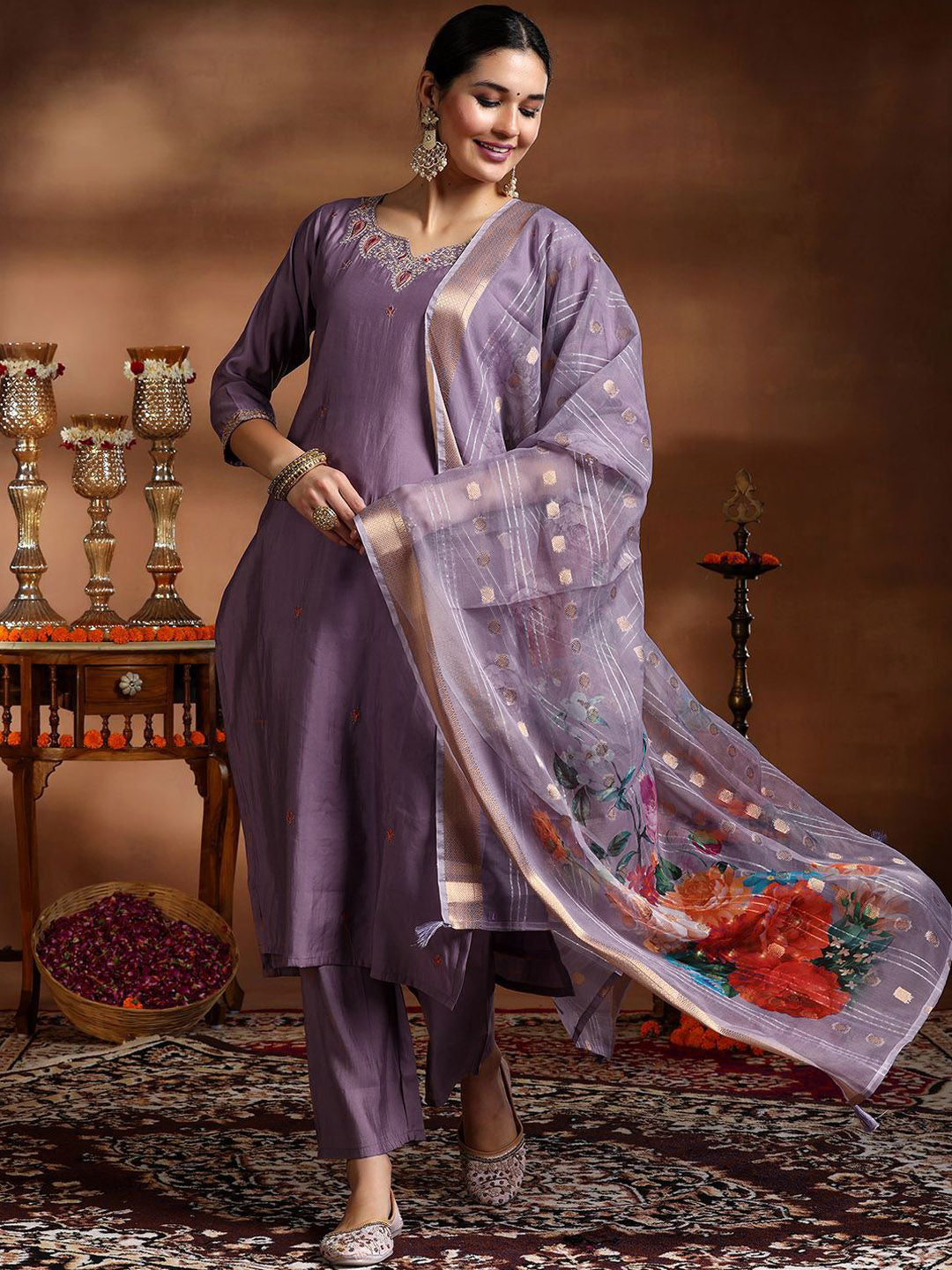 Women’s Lavender Viscose Stitched Kurta Set with Embroidered Organza Digital Print Dupatta