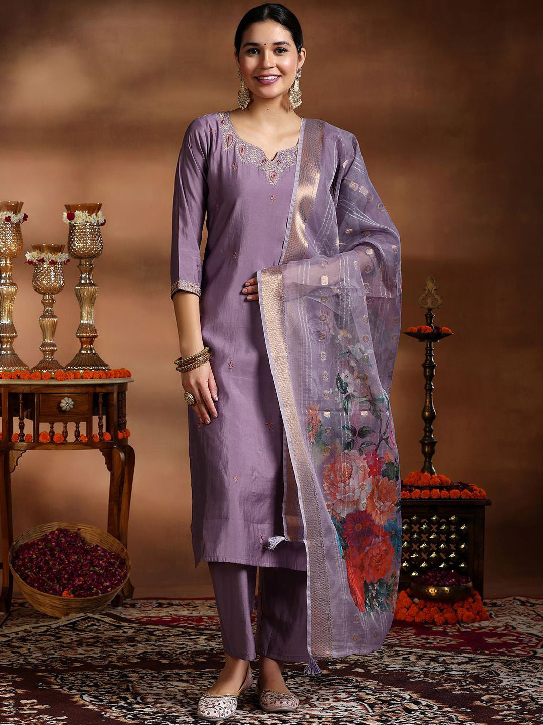 Women’s Lavender Viscose Stitched Kurta Set with Embroidered Organza Digital Print Dupatta