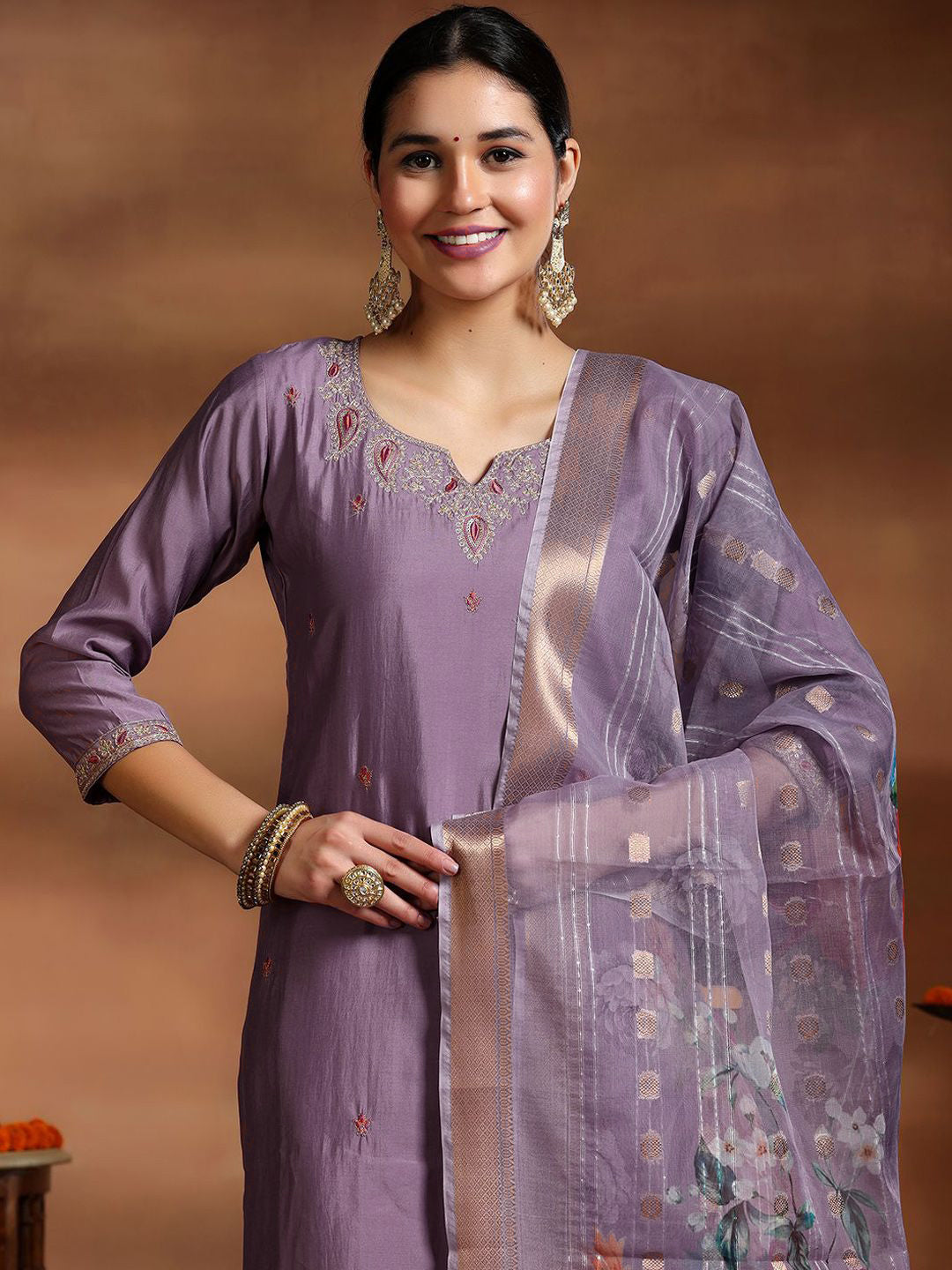 Women’s Lavender Viscose Stitched Kurta Set with Embroidered Organza Digital Print Dupatta