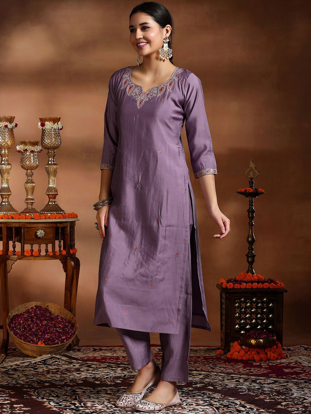 Women’s Lavender Viscose Stitched Kurta Set with Embroidered Organza Digital Print Dupatta
