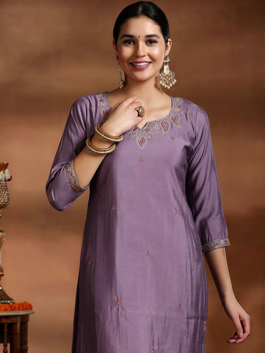 Women’s Lavender Viscose Stitched Kurta Set with Embroidered Organza Digital Print Dupatta