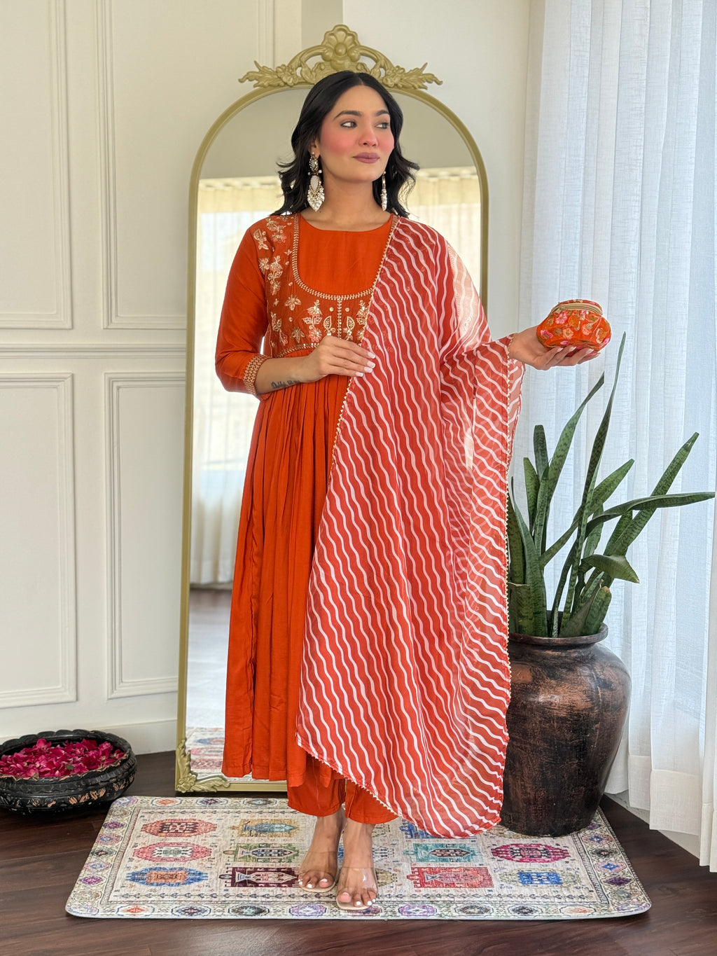 Women’s Orange Viscose Silk Stitched Kurta Set with Embroidered Chanderi Dupatta