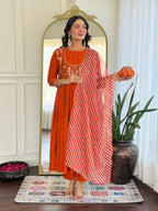 Women’s Orange Viscose Silk Stitched Kurta Set with Embroidered Chanderi Dupatta