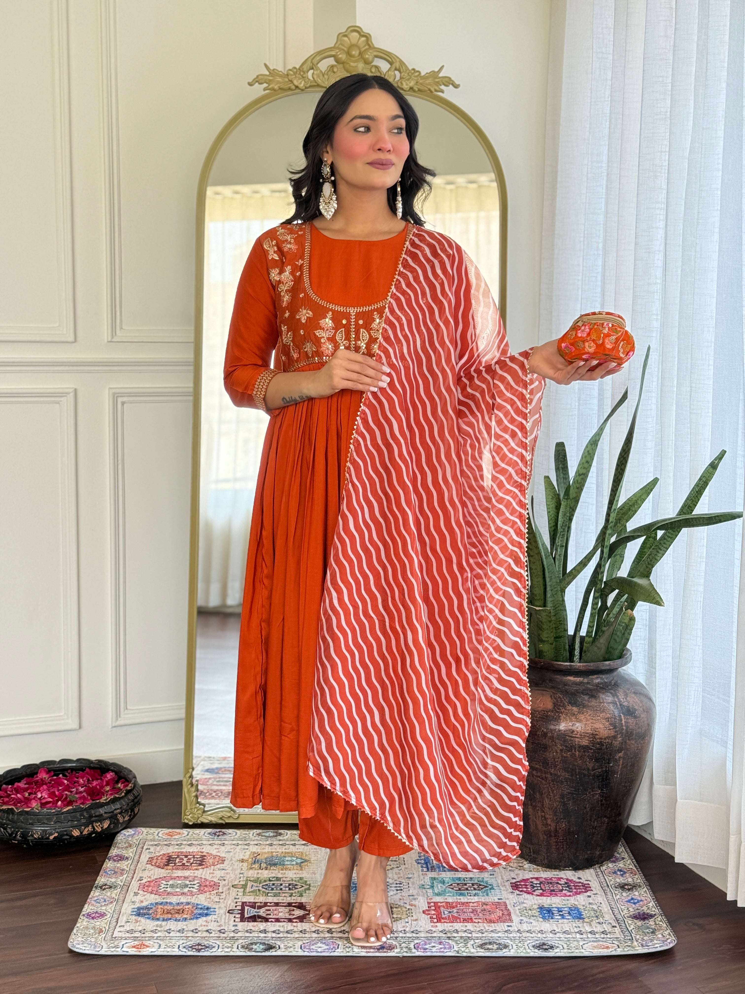 Women’s Orange Viscose Silk Stitched Kurta Set with Embroidered Chanderi Dupatta