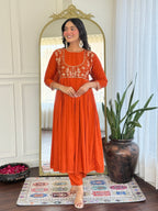 Women’s Orange Viscose Silk Stitched Kurta Set with Embroidered Chanderi Dupatta