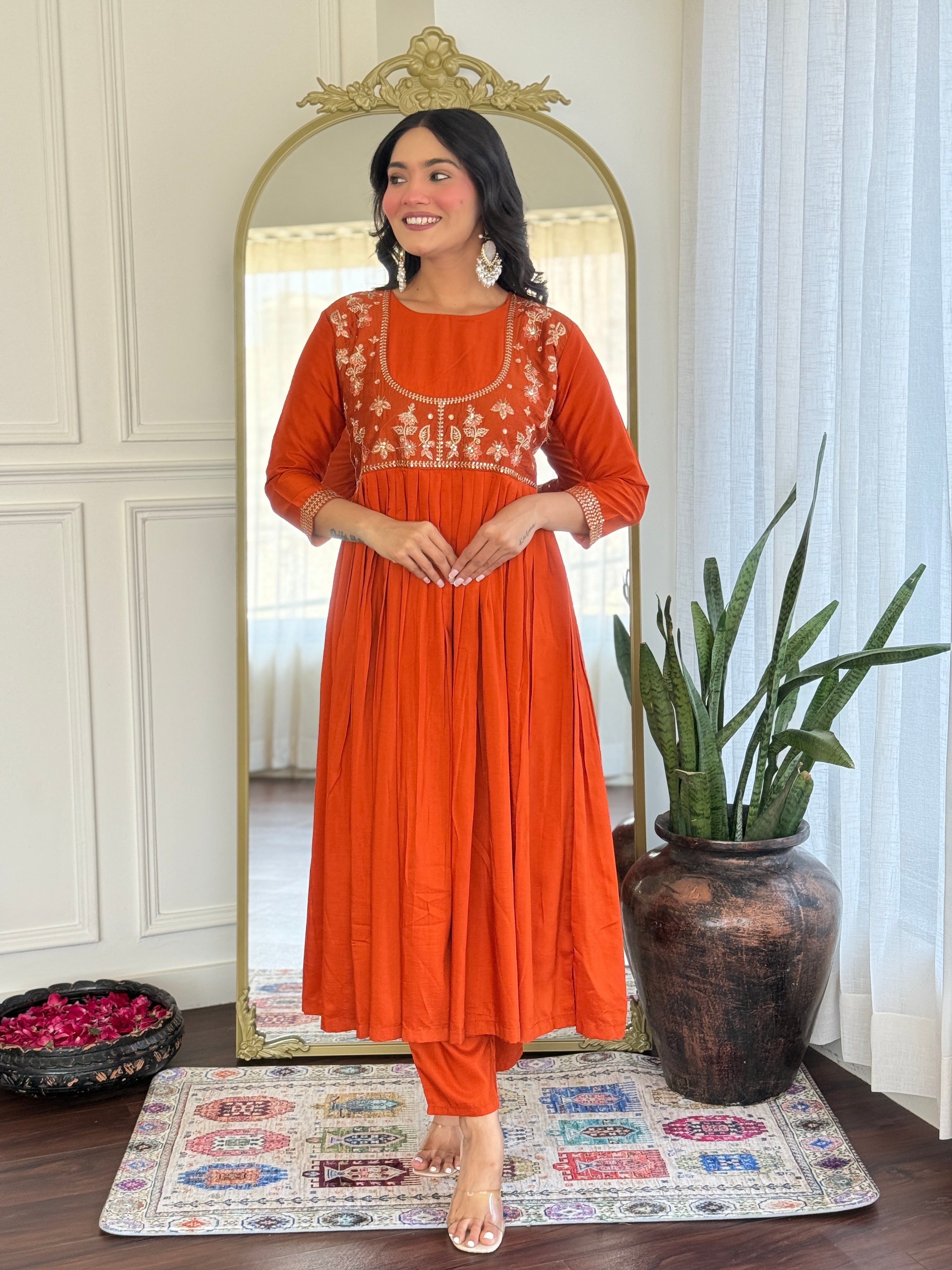 Women’s Orange Viscose Silk Stitched Kurta Set with Embroidered Chanderi Dupatta