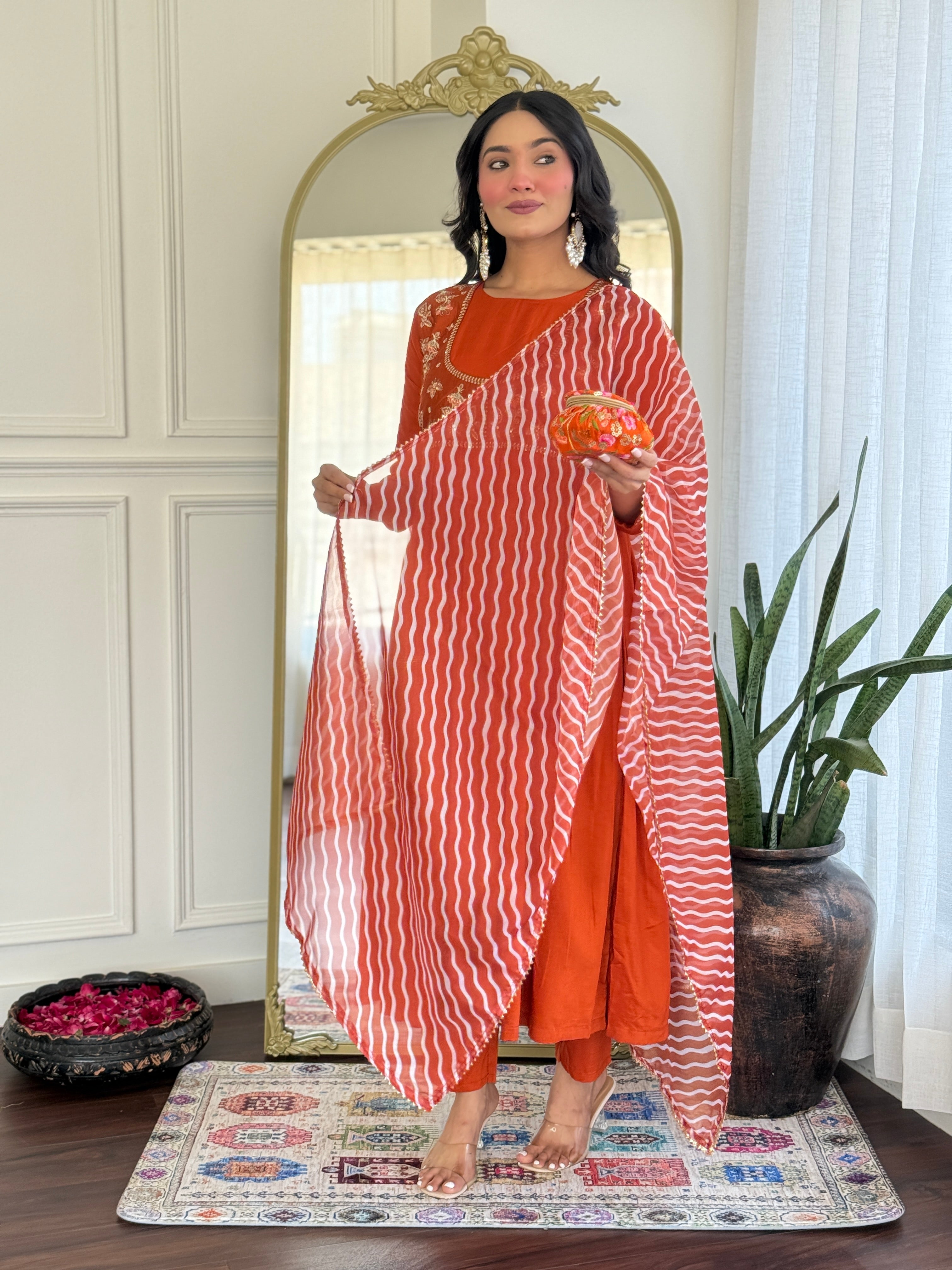 Women’s Orange Viscose Silk Stitched Kurta Set with Embroidered Chanderi Dupatta