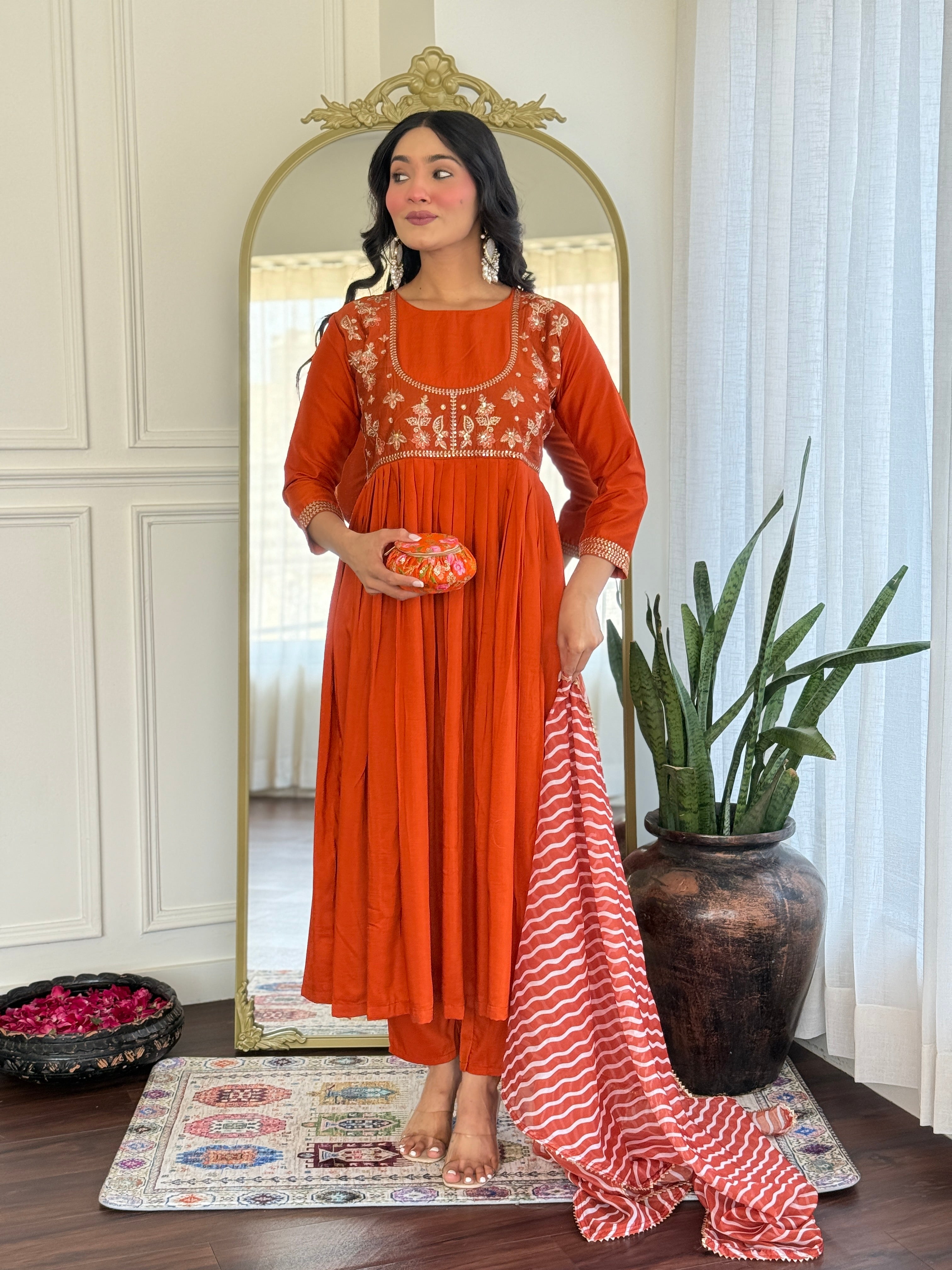 Women’s Orange Viscose Silk Stitched Kurta Set with Embroidered Chanderi Dupatta