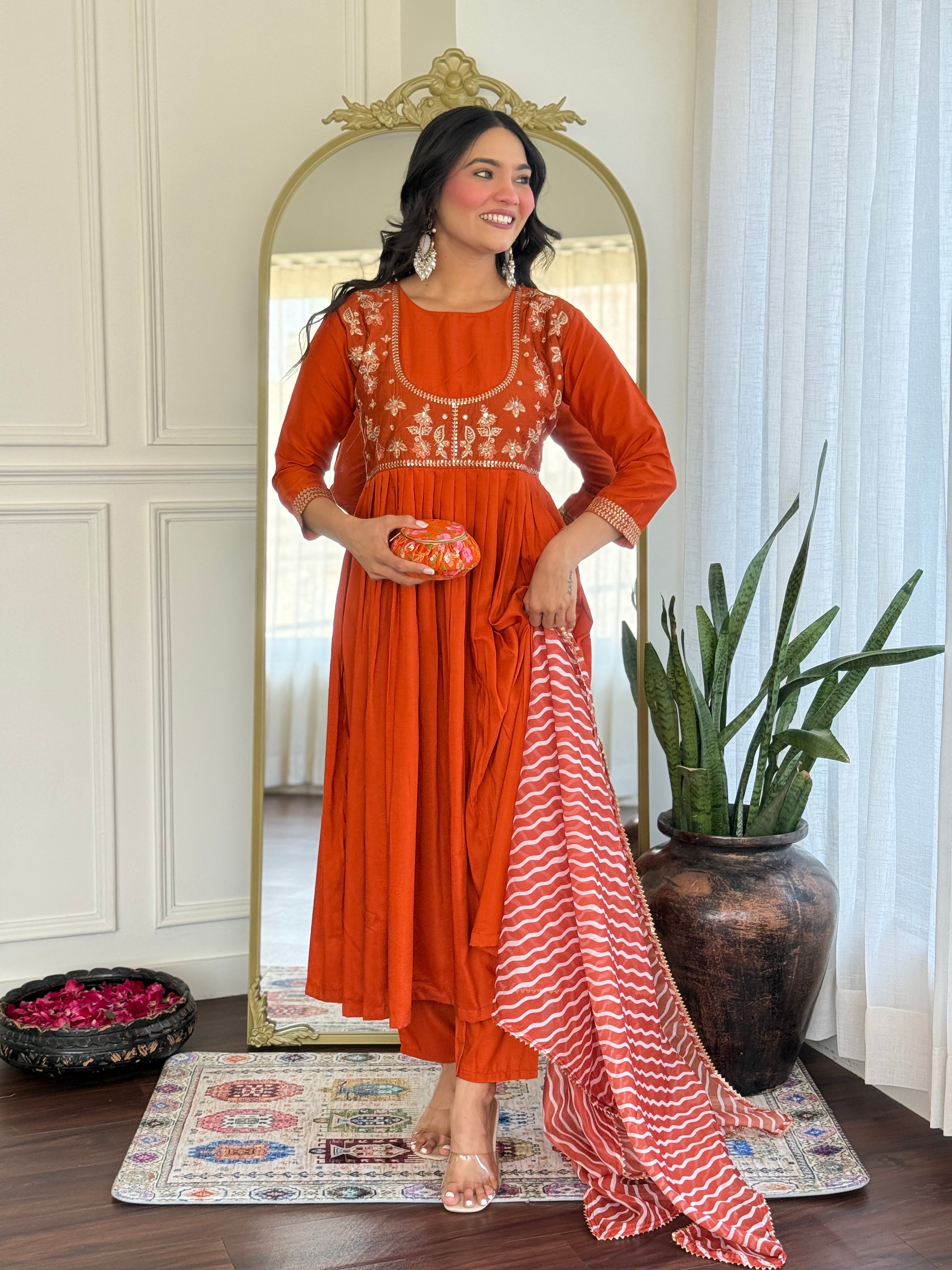 Women’s Orange Viscose Silk Stitched Kurta Set with Embroidered Chanderi Dupatta