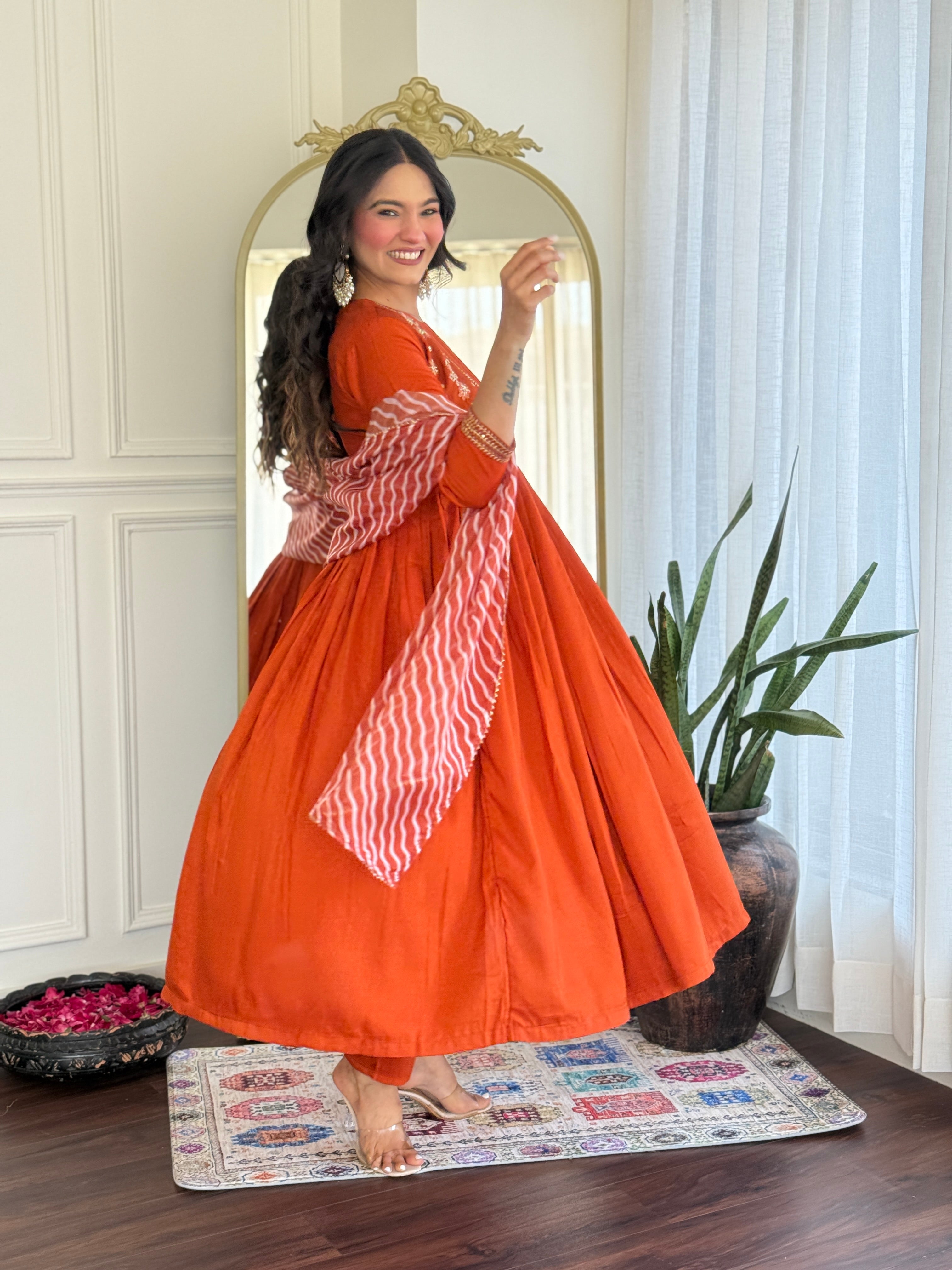 Women’s Orange Viscose Silk Stitched Kurta Set with Embroidered Chanderi Dupatta
