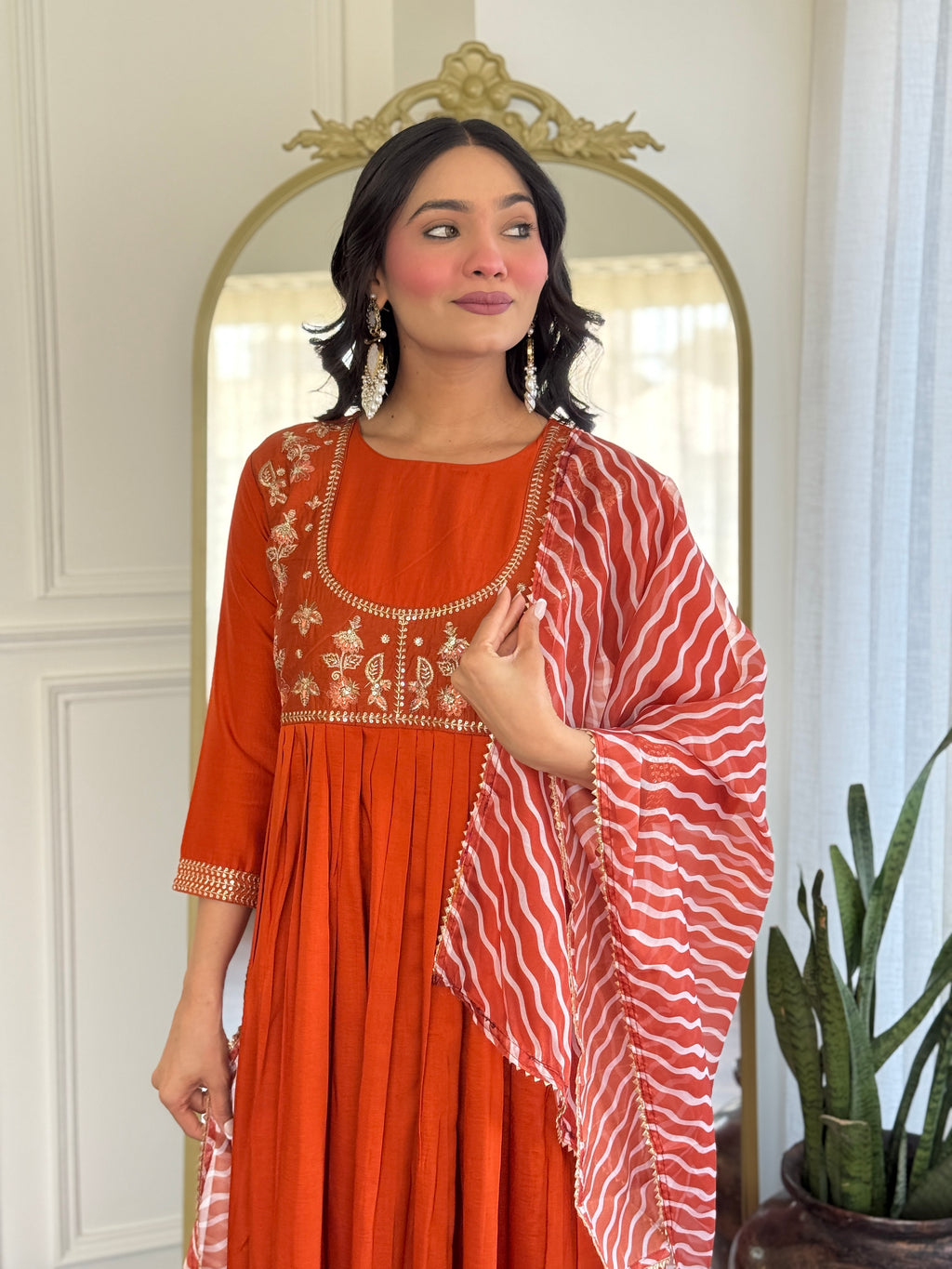 Women’s Orange Viscose Silk Stitched Kurta Set with Embroidered Chanderi Dupatta