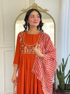 Women’s Orange Viscose Silk Stitched Kurta Set with Embroidered Chanderi Dupatta