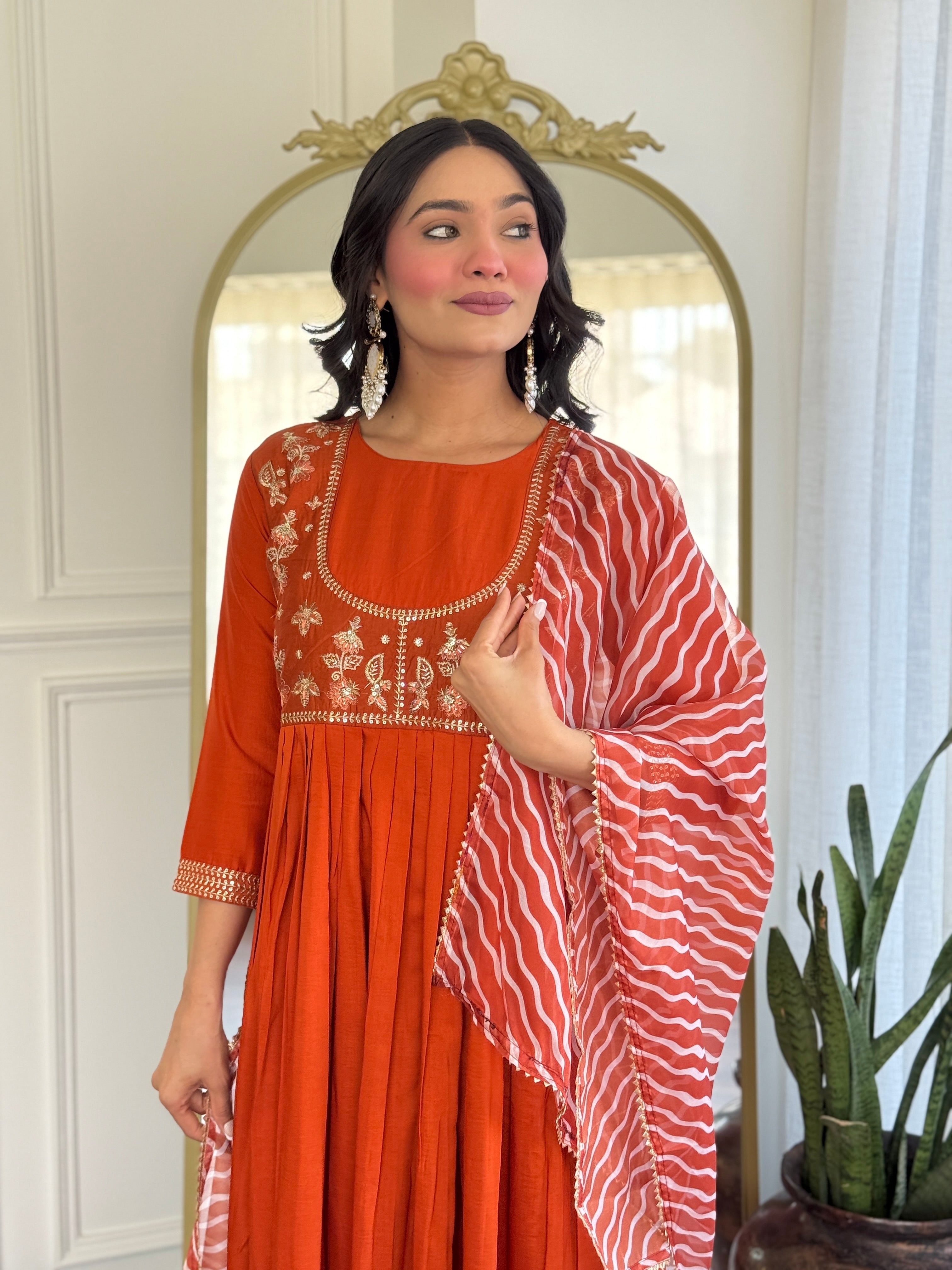 Women’s Orange Viscose Silk Stitched Kurta Set with Embroidered Chanderi Dupatta